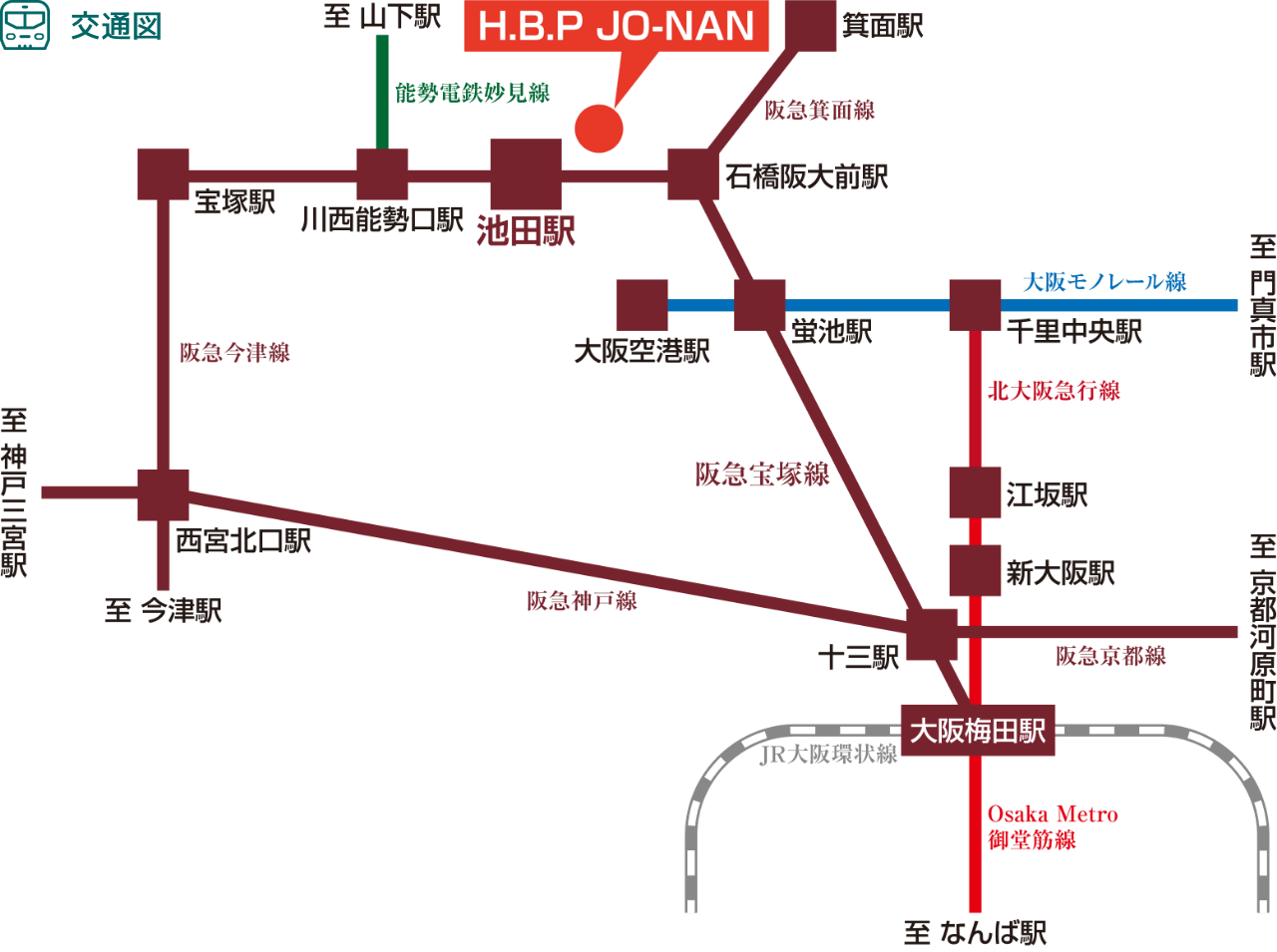 H.B.P JO-NAN 最寄りの「池田駅」から主要駅への交通図